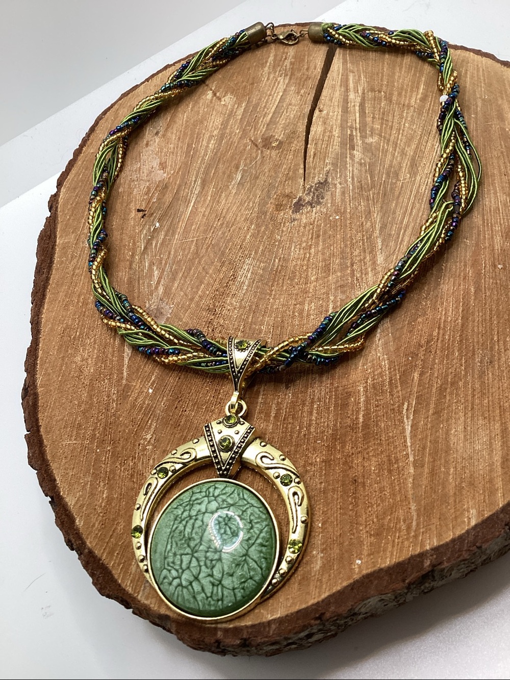 Gold-Tone Green Ceramic Pendant Braided Necklace - Women Jewelry